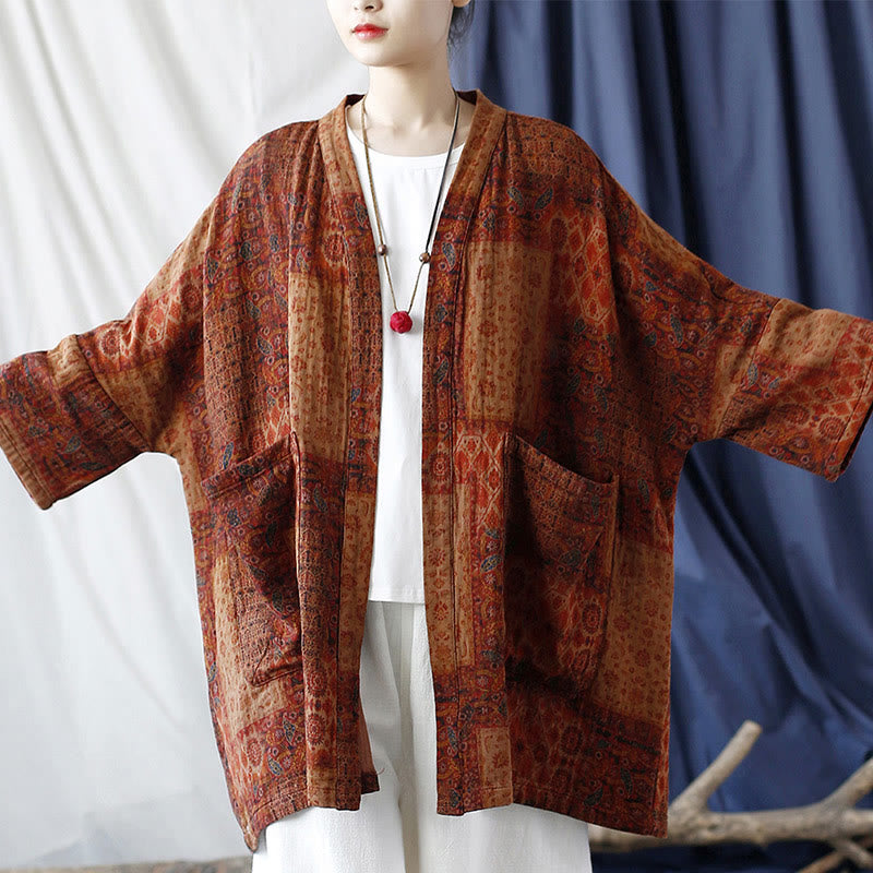 Veste ouverte en coton à imprimé géométrique de fleurs oranges et Buddha Stones avec poches