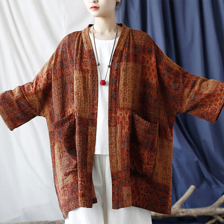 Veste ouverte en coton à imprimé géométrique de fleurs oranges et Buddha Stones avec poches