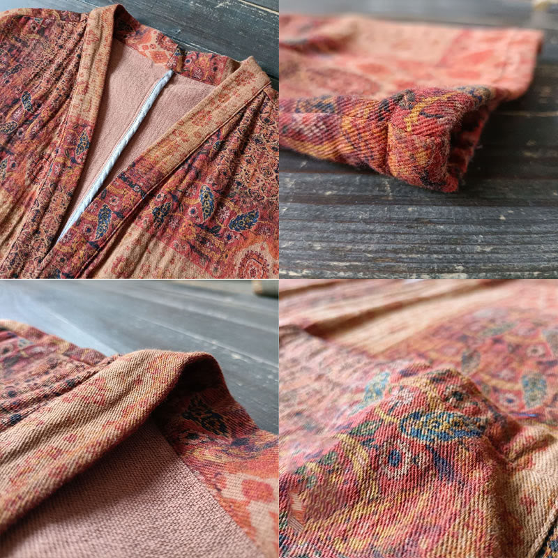 Veste ouverte en coton à imprimé géométrique de fleurs oranges et Buddha Stones avec poches