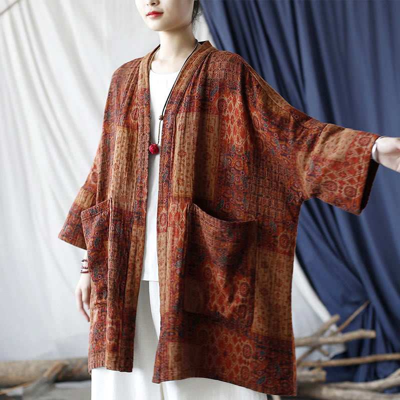 Veste ouverte en coton à imprimé géométrique de fleurs oranges et Buddha Stones avec poches