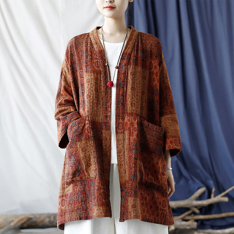 Veste ouverte en coton à imprimé géométrique de fleurs oranges et Buddha Stones avec poches