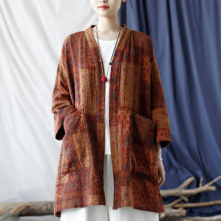 Veste ouverte en coton à imprimé géométrique de fleurs oranges et Buddha Stones avec poches