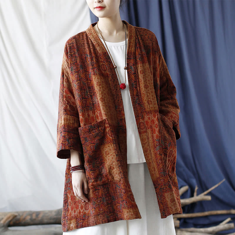 Veste ouverte en coton à imprimé géométrique de fleurs oranges et Buddha Stones avec poches