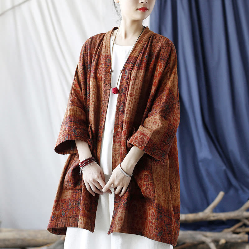 Veste ouverte en coton à imprimé géométrique de fleurs oranges et Buddha Stones avec poches