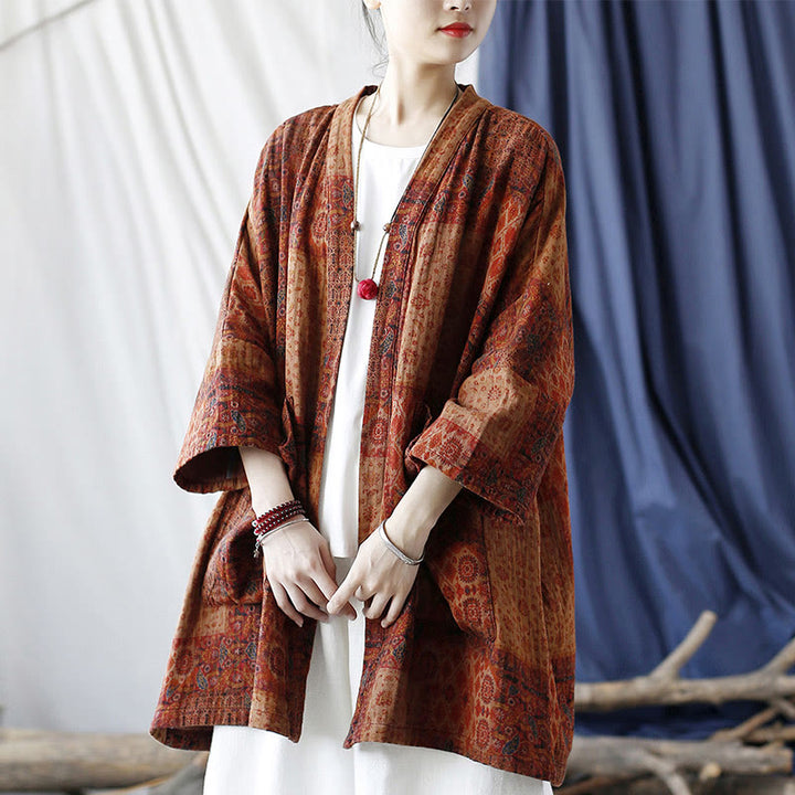 Veste ouverte en coton à imprimé géométrique de fleurs oranges et Buddha Stones avec poches
