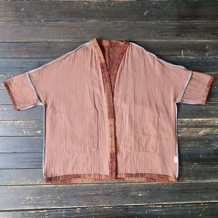 Veste ouverte en coton à imprimé géométrique de fleurs oranges et Buddha Stones avec poches