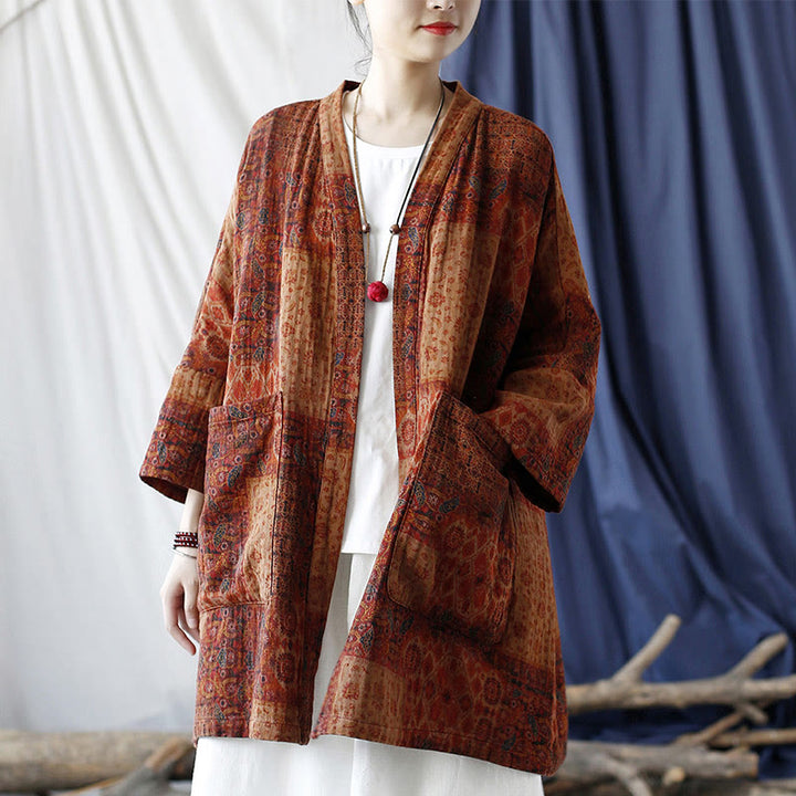 Veste ouverte en coton à imprimé géométrique de fleurs oranges et Buddha Stones avec poches