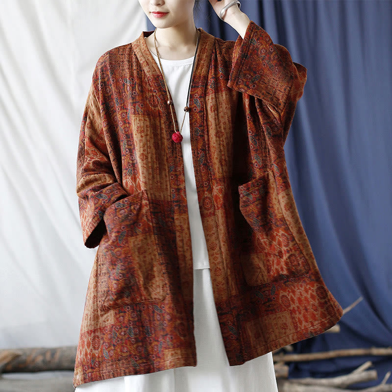 Veste ouverte en coton à imprimé géométrique de fleurs oranges et Buddha Stones avec poches