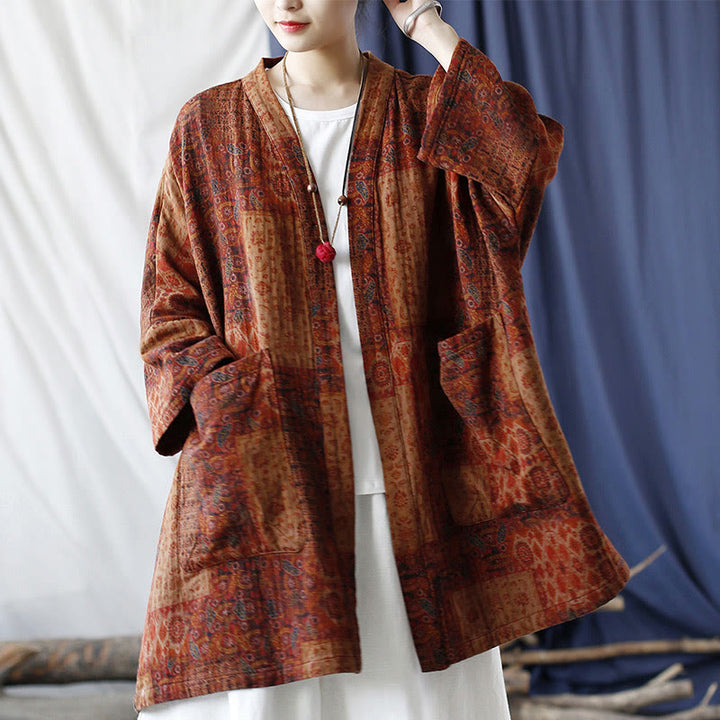 Veste ouverte en coton à imprimé géométrique de fleurs oranges et Buddha Stones avec poches