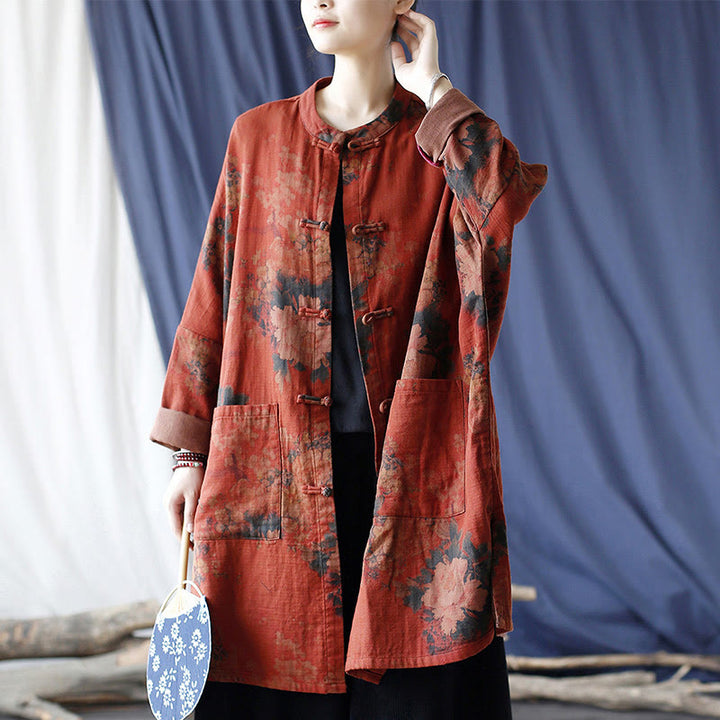 Veste ouverte à boutons-pression en coton et lin avec fleurs de pivoine orange Buddha Stones et poches