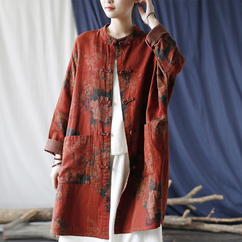 Veste ouverte à boutons-pression en coton et lin avec fleurs de pivoine orange Buddha Stones et poches