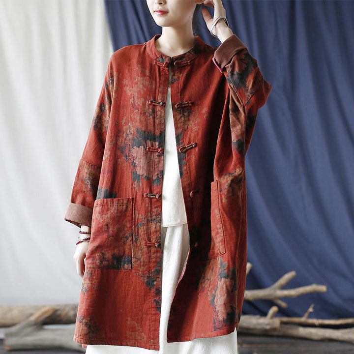 Veste ouverte à boutons-pression en coton et lin avec fleurs de pivoine orange Buddha Stones et poches