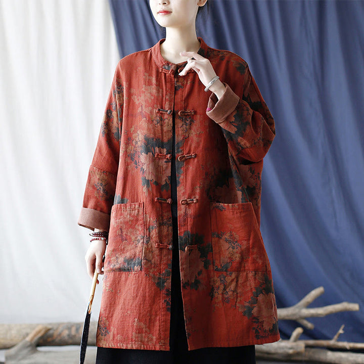 Veste ouverte à boutons-pression en coton et lin avec fleurs de pivoine orange Buddha Stones et poches