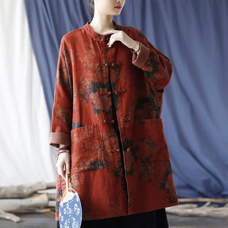 Veste ouverte à boutons-pression en coton et lin avec fleurs de pivoine orange Buddha Stones et poches