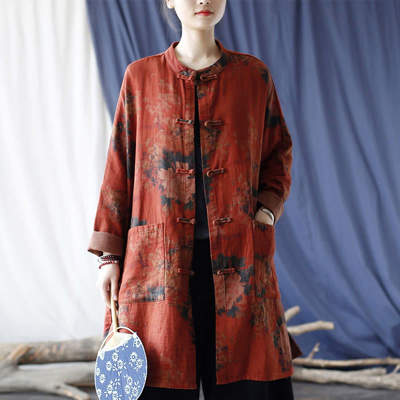 Veste ouverte à boutons-pression en coton et lin avec fleurs de pivoine orange Buddha Stones et poches