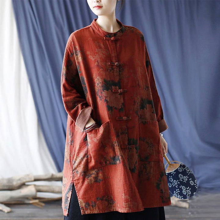 Veste ouverte à boutons-pression en coton et lin avec fleurs de pivoine orange Buddha Stones et poches
