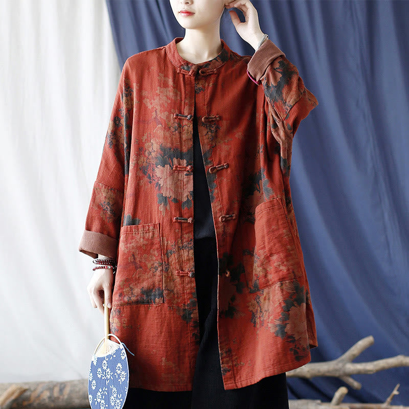 Veste ouverte à boutons-pression en coton et lin avec fleurs de pivoine orange Buddha Stones et poches
