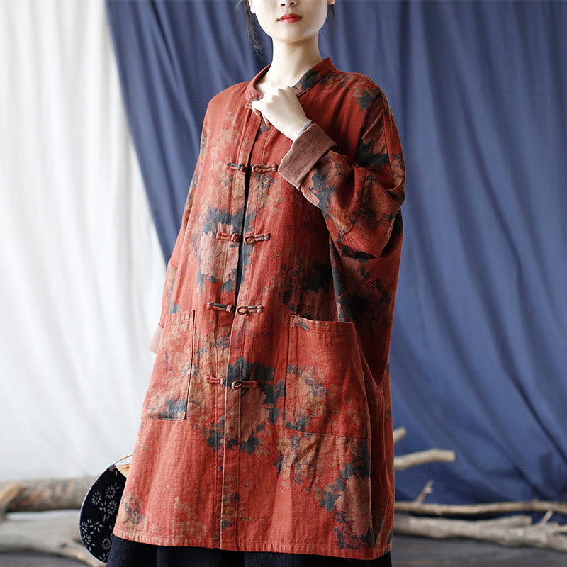 Veste ouverte à boutons-pression en coton et lin avec fleurs de pivoine orange Buddha Stones et poches