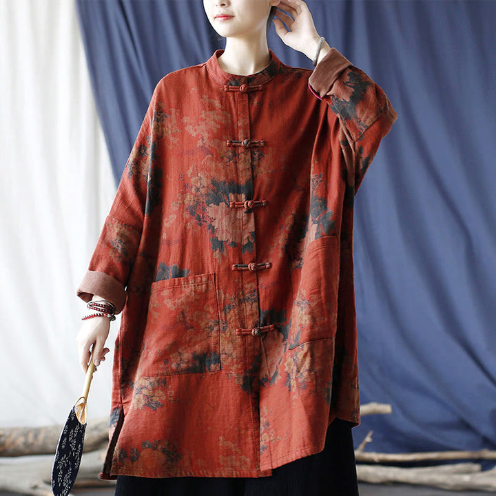 Veste ouverte à boutons-pression en coton et lin avec fleurs de pivoine orange Buddha Stones et poches