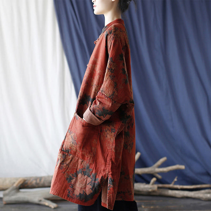 Veste ouverte à boutons-pression en coton et lin avec fleurs de pivoine orange Buddha Stones et poches