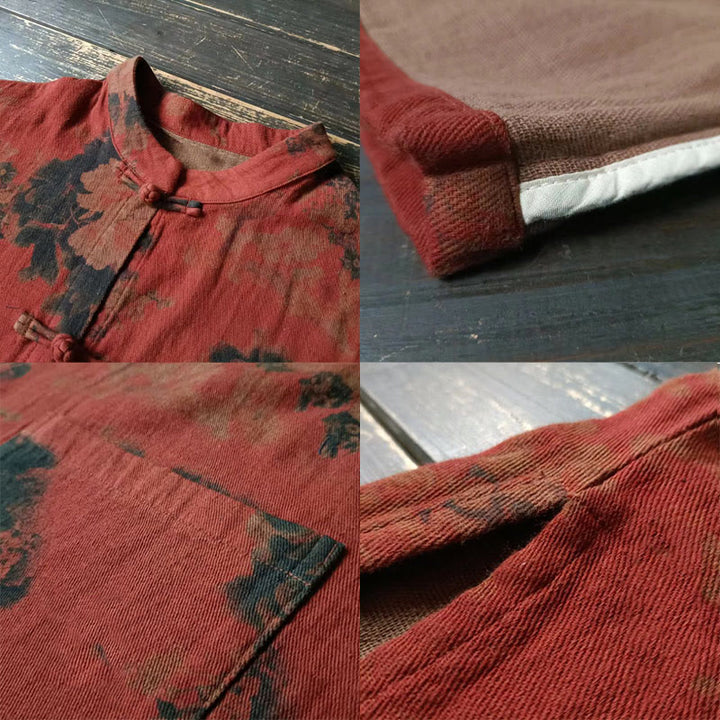 Veste ouverte à boutons-pression en coton et lin avec fleurs de pivoine orange Buddha Stones et poches