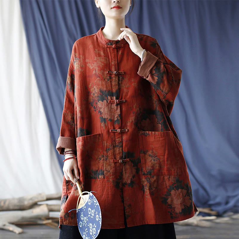 Veste ouverte à boutons-pression en coton et lin avec fleurs de pivoine orange Buddha Stones et poches