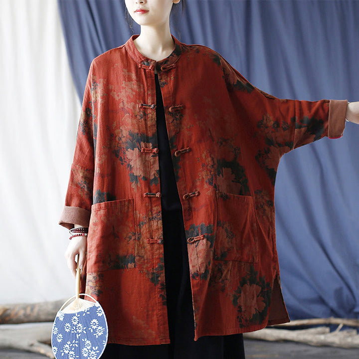 Veste ouverte à boutons-pression en coton et lin avec fleurs de pivoine orange Buddha Stones et poches