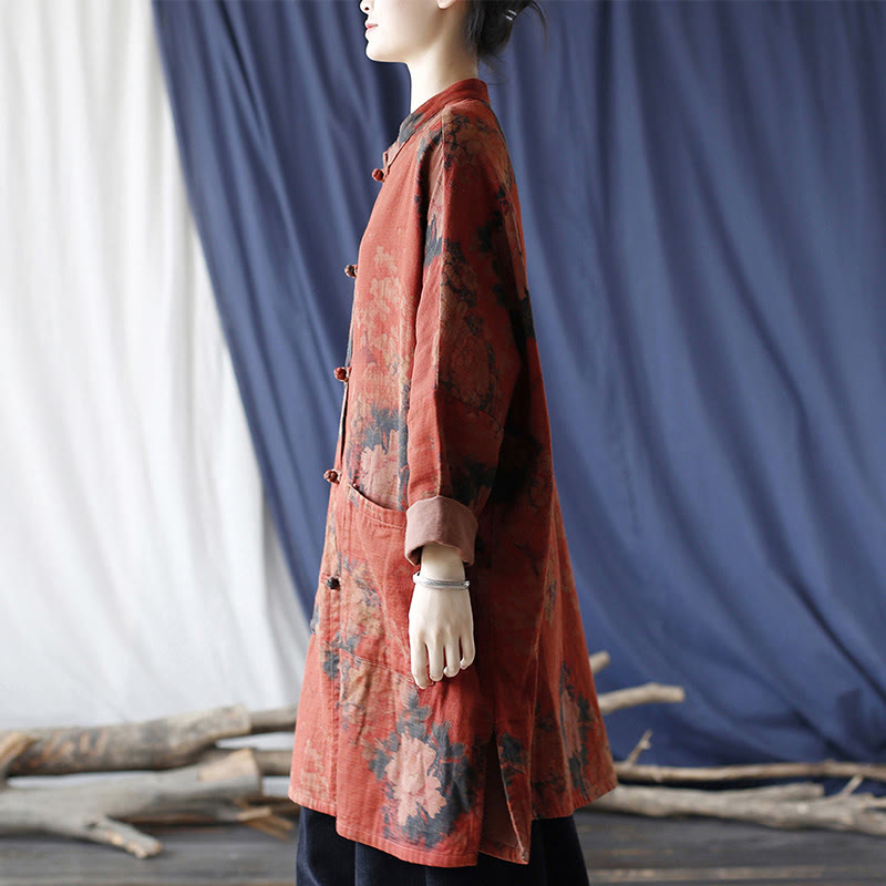 Veste ouverte à boutons-pression en coton et lin avec fleurs de pivoine orange Buddha Stones et poches