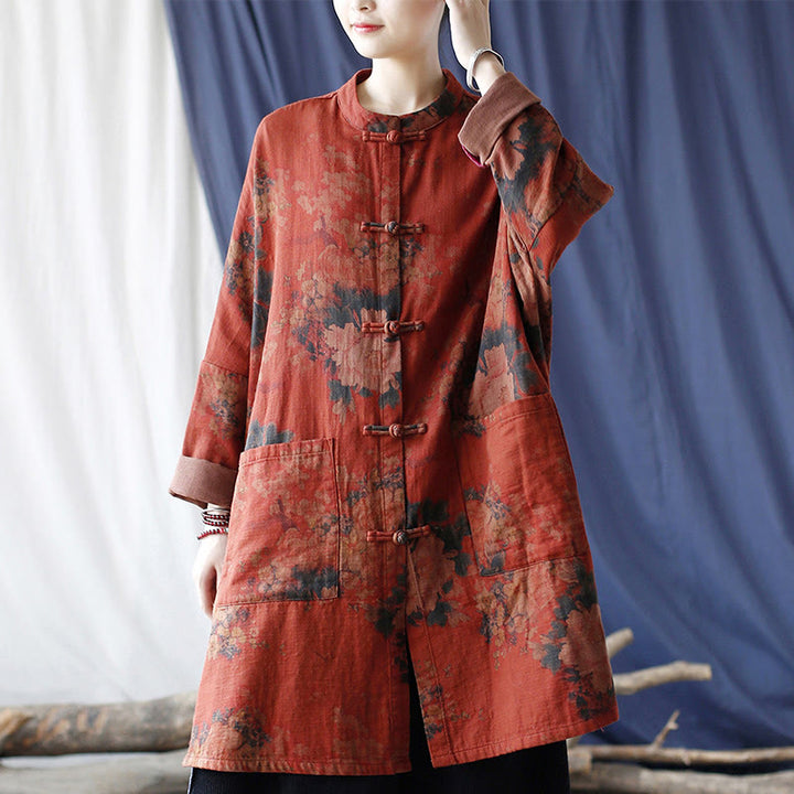 Veste ouverte à boutons-pression en coton et lin avec fleurs de pivoine orange Buddha Stones et poches - image 15