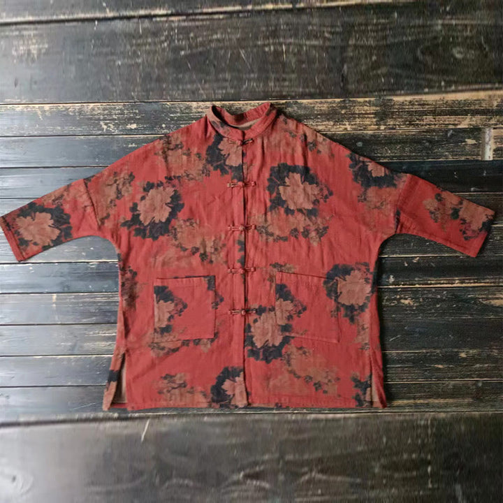 Veste ouverte à boutons-pression en coton et lin avec fleurs de pivoine orange Buddha Stones et poches