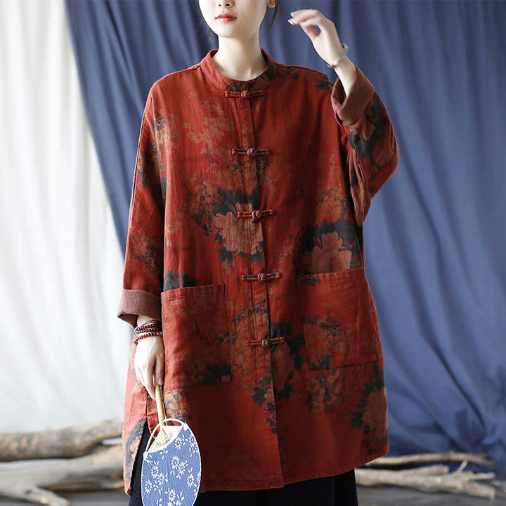 Veste ouverte à boutons-pression en coton et lin avec fleurs de pivoine orange Buddha Stones et poches