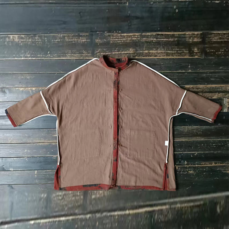 Veste ouverte à boutons-pression en coton et lin avec fleurs de pivoine orange Buddha Stones et poches