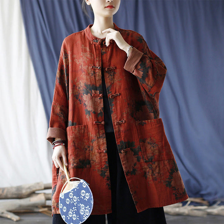 Veste ouverte à boutons-pression en coton et lin avec fleurs de pivoine orange Buddha Stones et poches