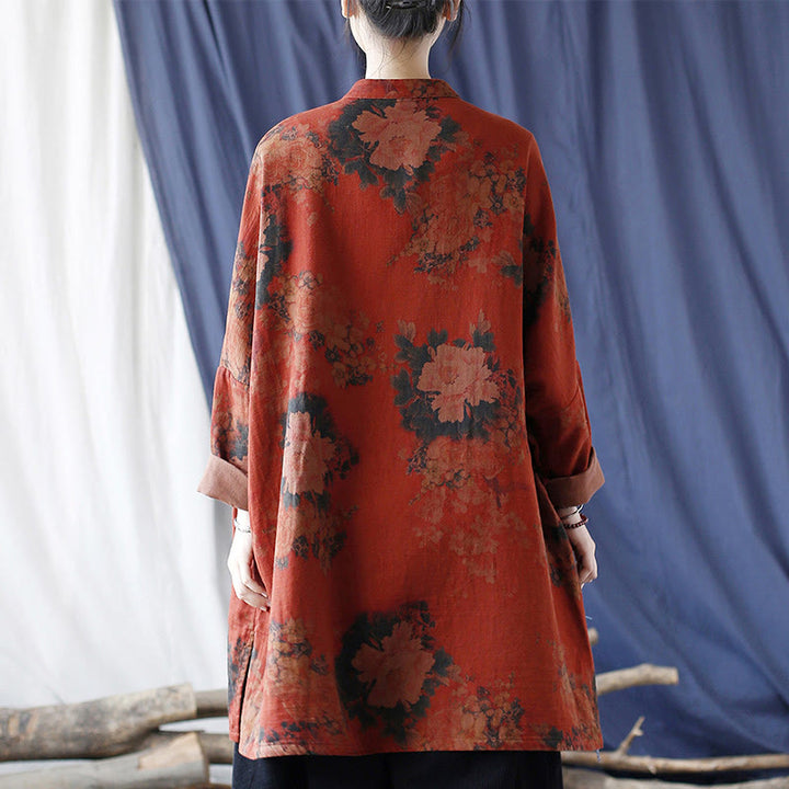 Veste ouverte à boutons-pression en coton et lin avec fleurs de pivoine orange Buddha Stones et poches