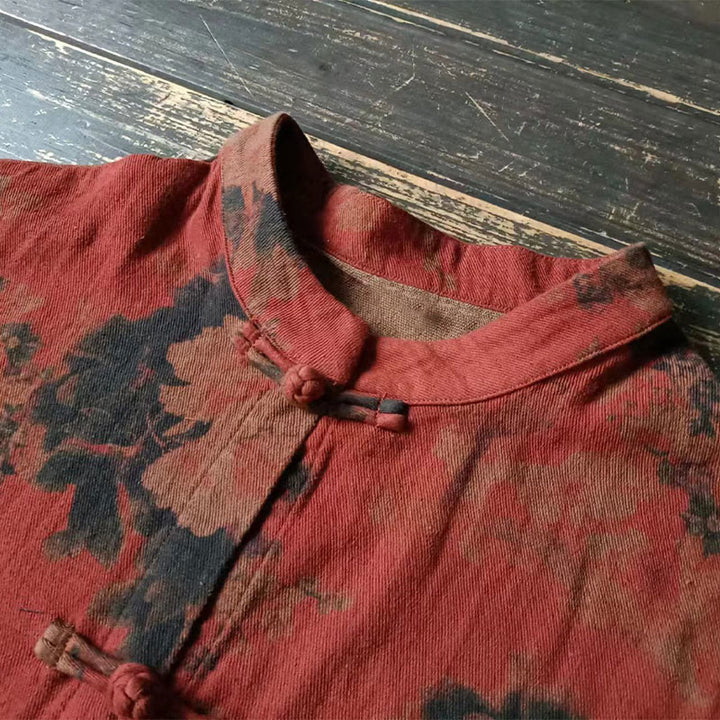 Veste ouverte à boutons-pression en coton et lin avec fleurs de pivoine orange Buddha Stones et poches