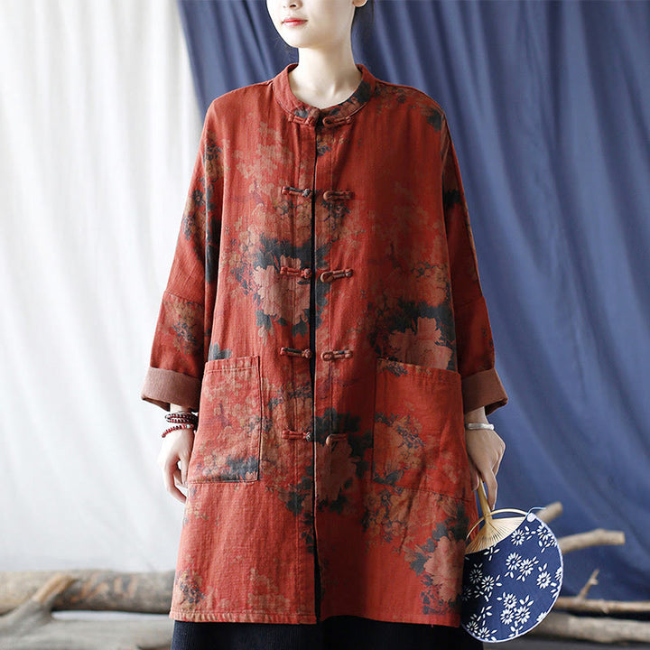 Veste ouverte à boutons-pression en coton et lin avec fleurs de pivoine orange Buddha Stones et poches
