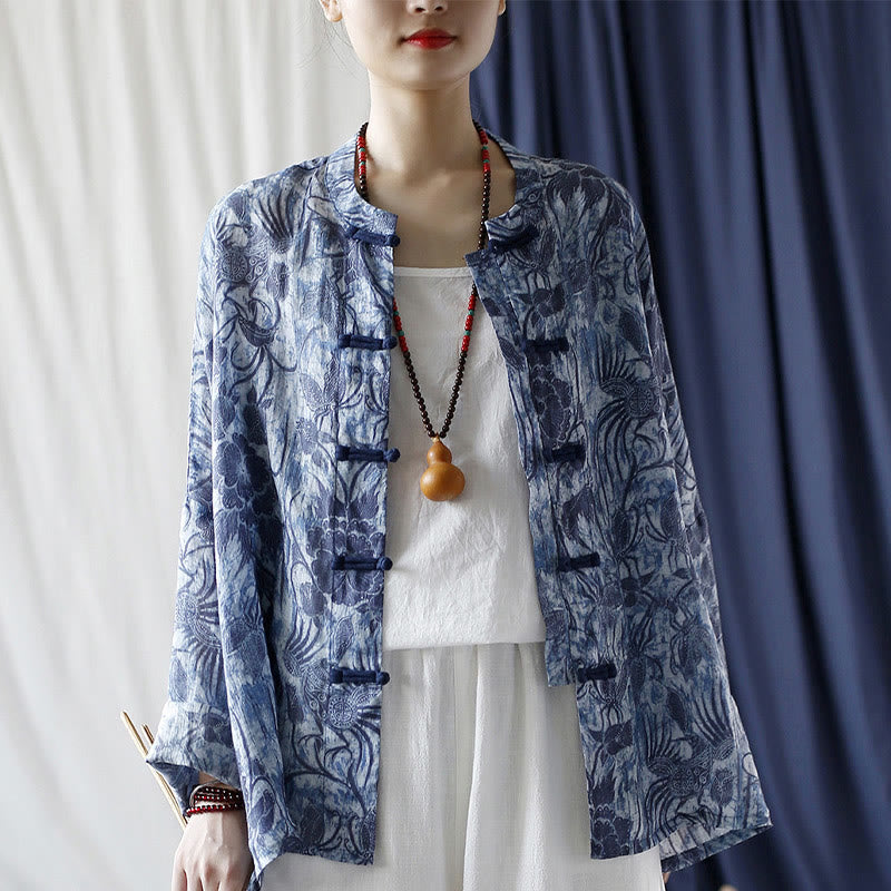 Chemise à manches longues en lin ramie avec boutons en grenouille et motif de fleurs bleues et blanches rétro Buddha Stones - image 16