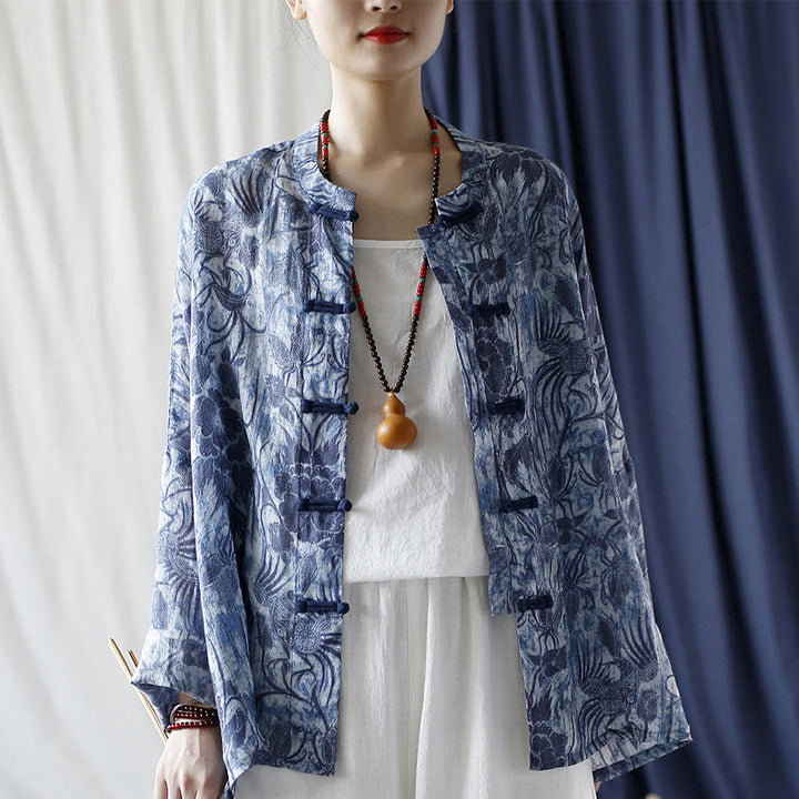 Chemise à manches longues en lin ramie avec boutons en grenouille et motif de fleurs bleues et blanches rétro Buddha Stones - image 16
