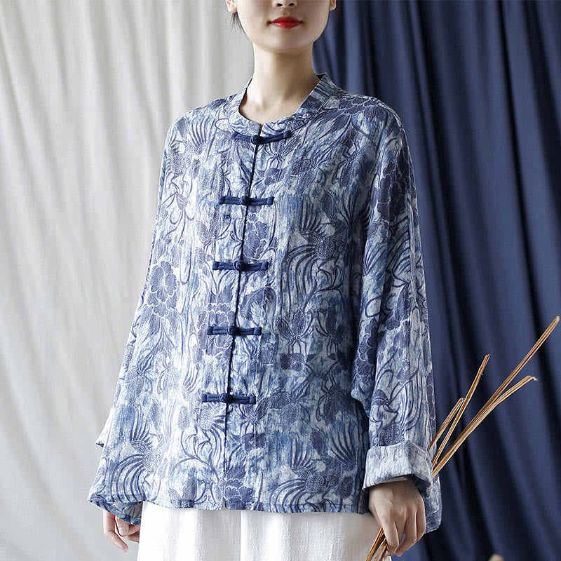 Chemise à manches longues en lin ramie avec boutons en grenouille et motif de fleurs bleues et blanches rétro Buddha Stones - image 15