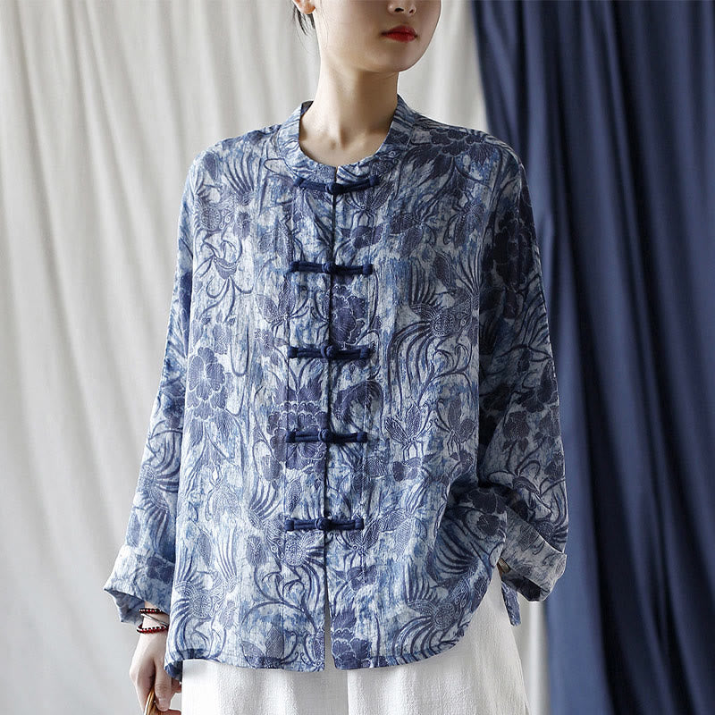 Chemise à manches longues en lin ramie avec boutons en grenouille et motif de fleurs bleues et blanches rétro Buddha Stones - US4-16, UK/AU8-20, EU36-48 (F) (veste uniquement) - image 0