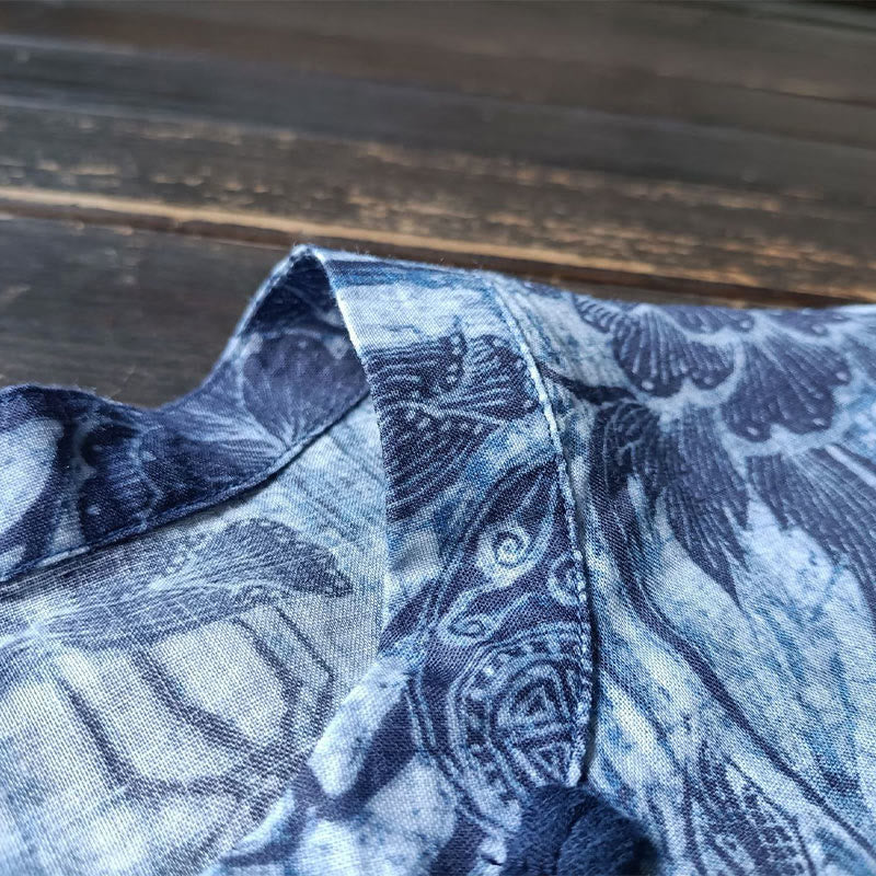 Chemise à manches longues en lin ramie avec boutons en grenouille et motif de fleurs bleues et blanches rétro Buddha Stones - image 13