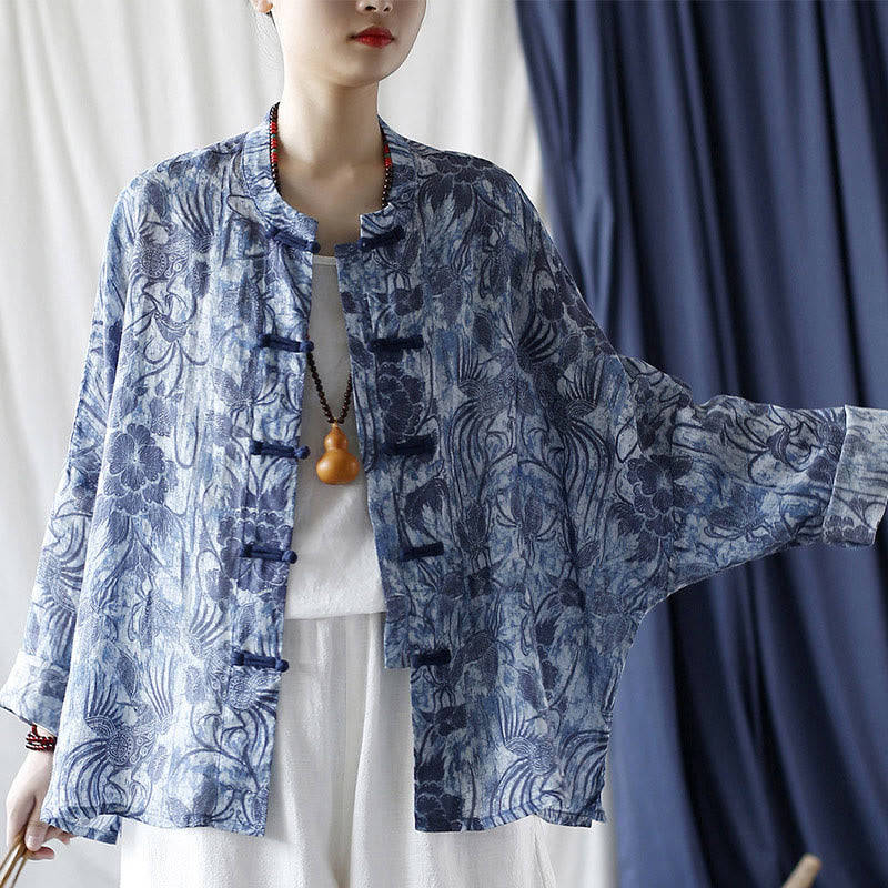 Chemise à manches longues en lin ramie avec boutons en grenouille et motif de fleurs bleues et blanches rétro Buddha Stones - image 1