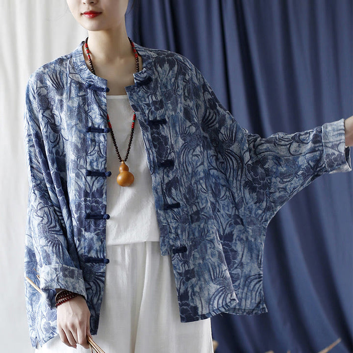 Chemise à manches longues en lin ramie avec boutons en grenouille et motif de fleurs bleues et blanches rétro Buddha Stones - image 17
