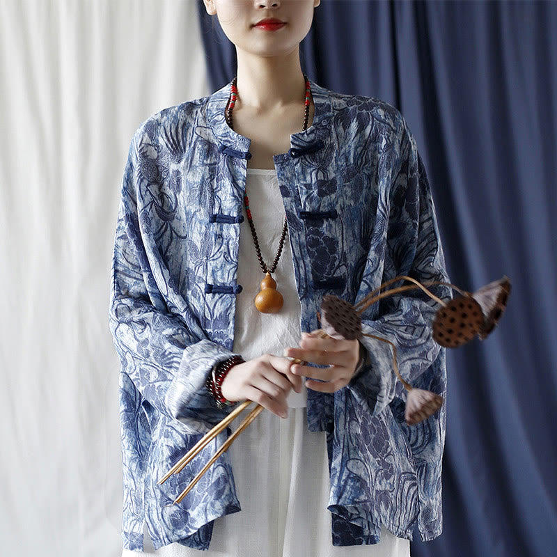 Chemise à manches longues en lin ramie avec boutons en grenouille et motif de fleurs bleues et blanches rétro Buddha Stones - image 19