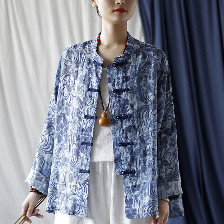 Chemise à manches longues en lin ramie avec boutons en grenouille et motif de fleurs bleues et blanches rétro Buddha Stones - image 20
