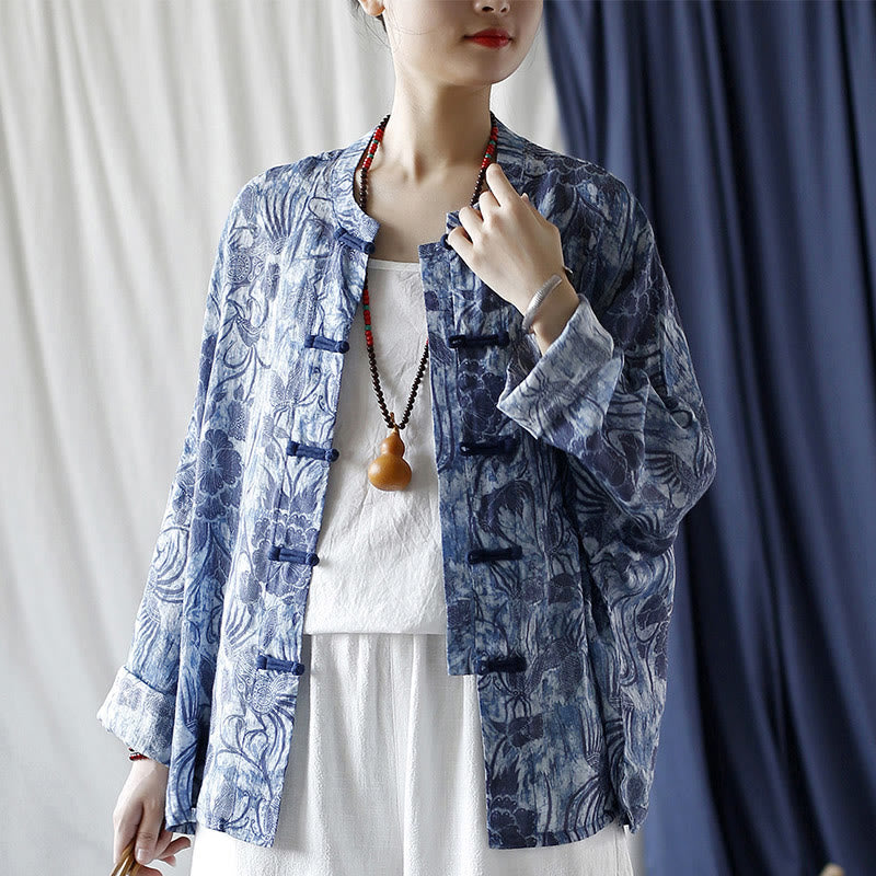 Chemise à manches longues en lin ramie avec boutons en grenouille et motif de fleurs bleues et blanches rétro Buddha Stones - image 18