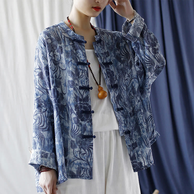 Chemise à manches longues en lin ramie avec boutons en grenouille et motif de fleurs bleues et blanches rétro Buddha Stones - image 21