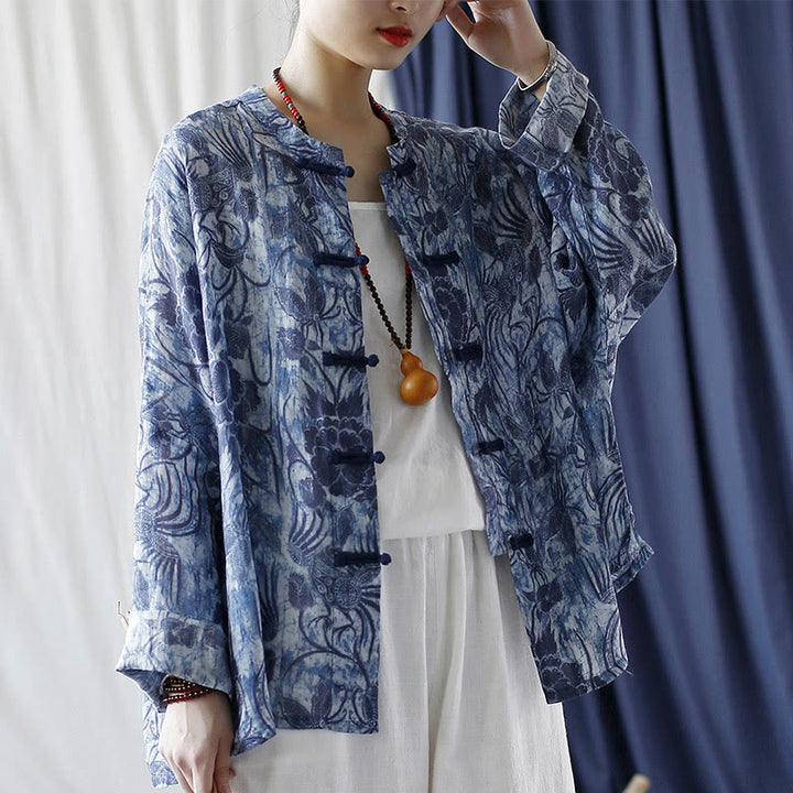 Chemise à manches longues en lin ramie avec boutons en grenouille et motif de fleurs bleues et blanches rétro Buddha Stones - image 21