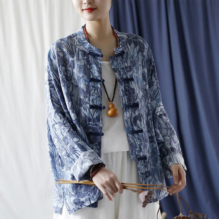 Chemise à manches longues en lin ramie avec boutons en grenouille et motif de fleurs bleues et blanches rétro Buddha Stones - image 22