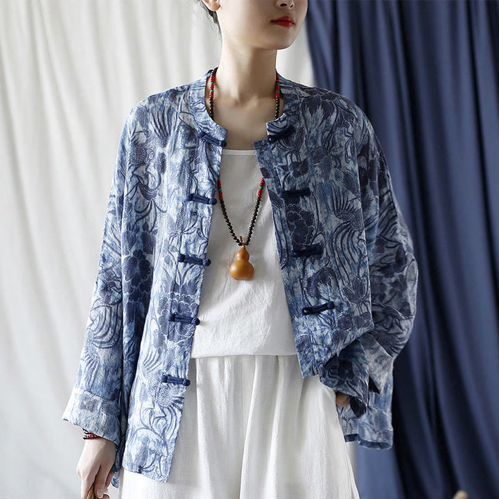 Chemise à manches longues en lin ramie avec boutons en grenouille et motif de fleurs bleues et blanches rétro Buddha Stones - image 24